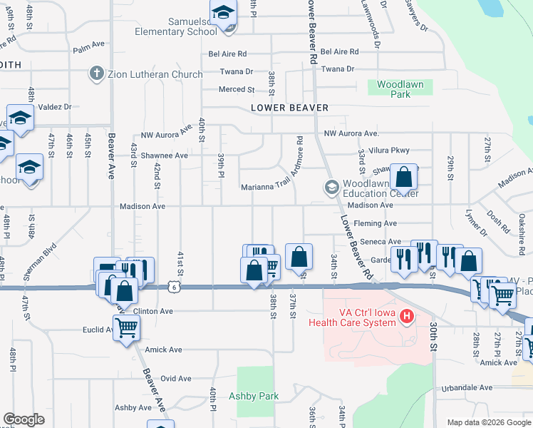 map of restaurants, bars, coffee shops, grocery stores, and more near 3930 38th Street in Des Moines