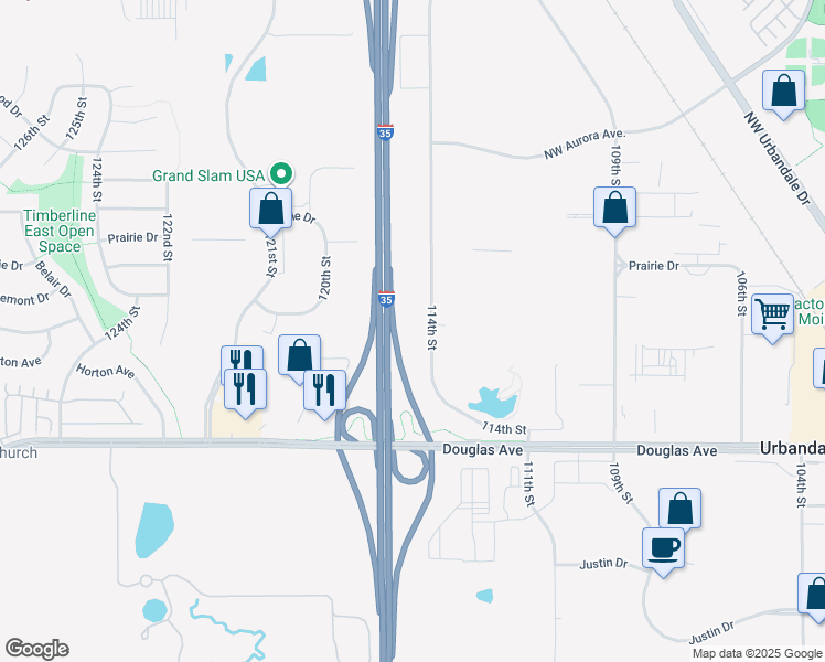 map of restaurants, bars, coffee shops, grocery stores, and more near 3940 114th Street in Urbandale