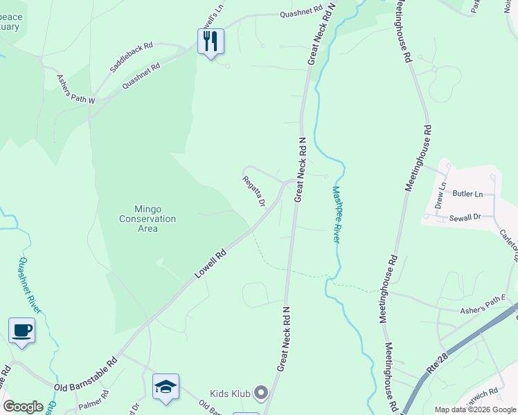 map of restaurants, bars, coffee shops, grocery stores, and more near 69 Regatta Drive in Mashpee