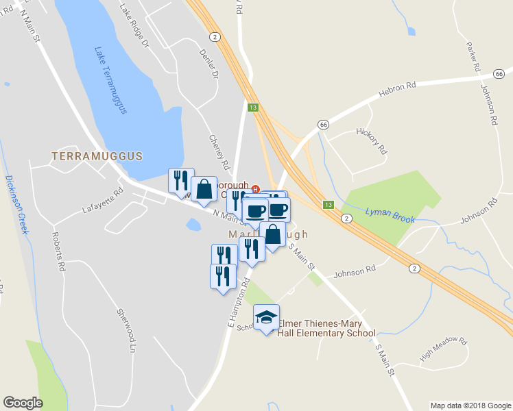 map of restaurants, bars, coffee shops, grocery stores, and more near 10 Jones Hollow Road in Marlborough