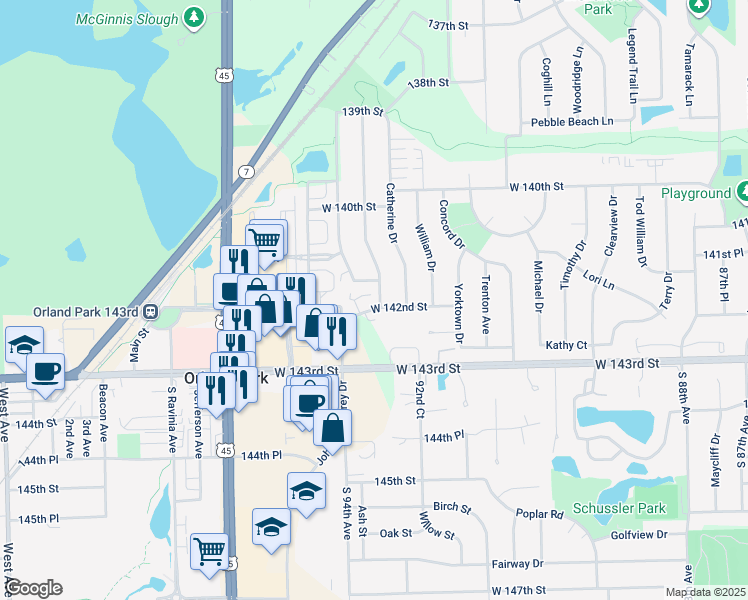 map of restaurants, bars, coffee shops, grocery stores, and more near 9305 West 141st Place in Orland Park