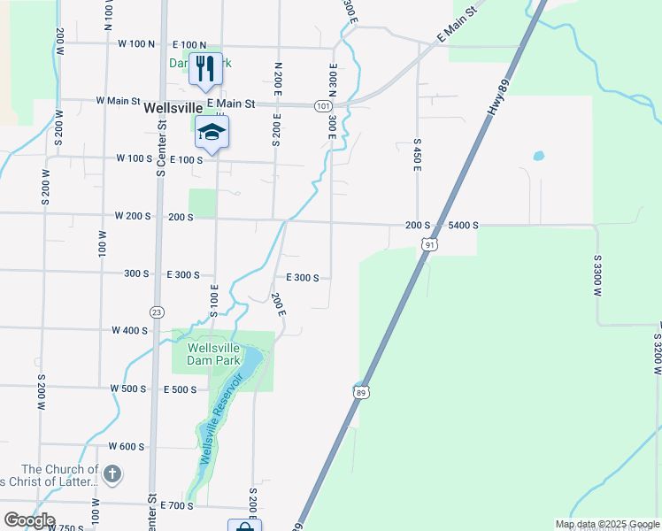 map of restaurants, bars, coffee shops, grocery stores, and more near 275 300 East in Wellsville