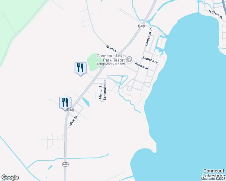 map of restaurants, bars, coffee shops, grocery stores, and more near 10673 Glenn Boulevard in Conneaut Lake