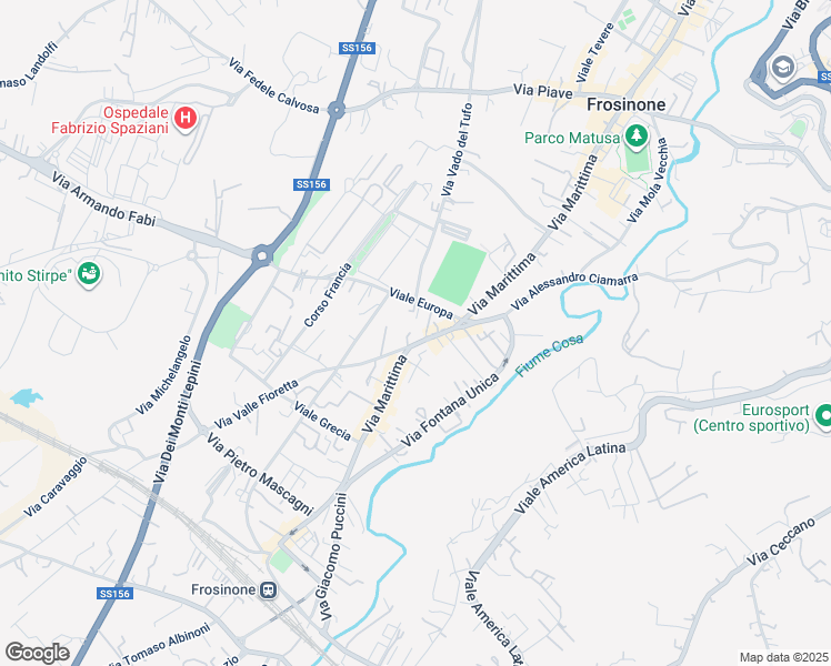 map of restaurants, bars, coffee shops, grocery stores, and more near 360 Via Marittima in Frosinone