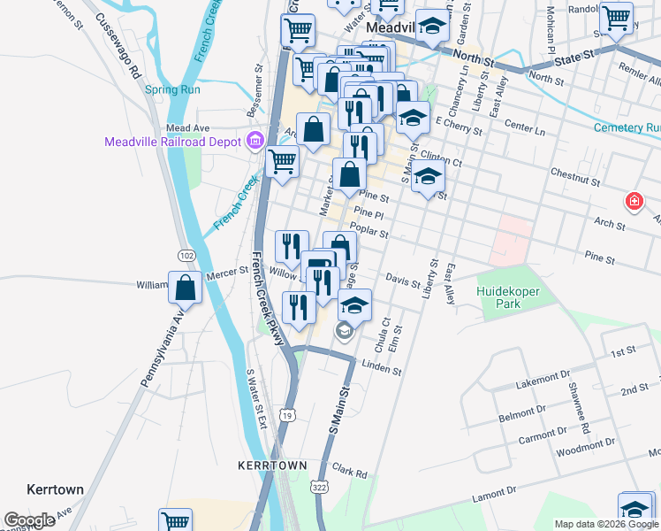 map of restaurants, bars, coffee shops, grocery stores, and more near 1132 South Cottage Street in Meadville