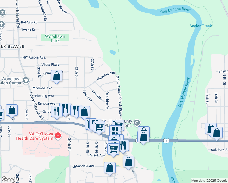 map of restaurants, bars, coffee shops, grocery stores, and more near 2510 Sherwood Drive in Des Moines