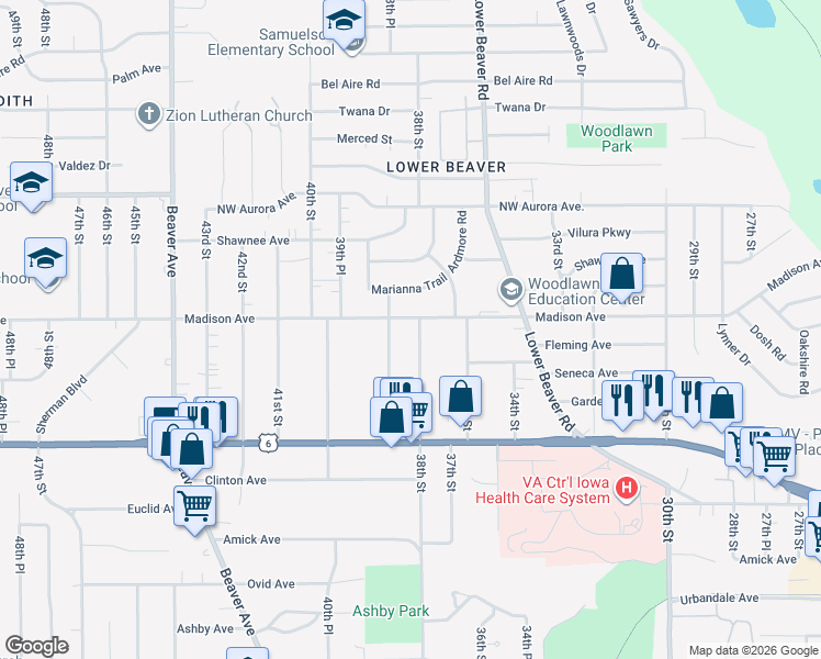 map of restaurants, bars, coffee shops, grocery stores, and more near 3930 38th Street in Des Moines