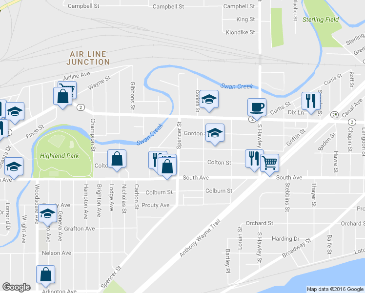 map of restaurants, bars, coffee shops, grocery stores, and more near 361 Spencer Street in Toledo