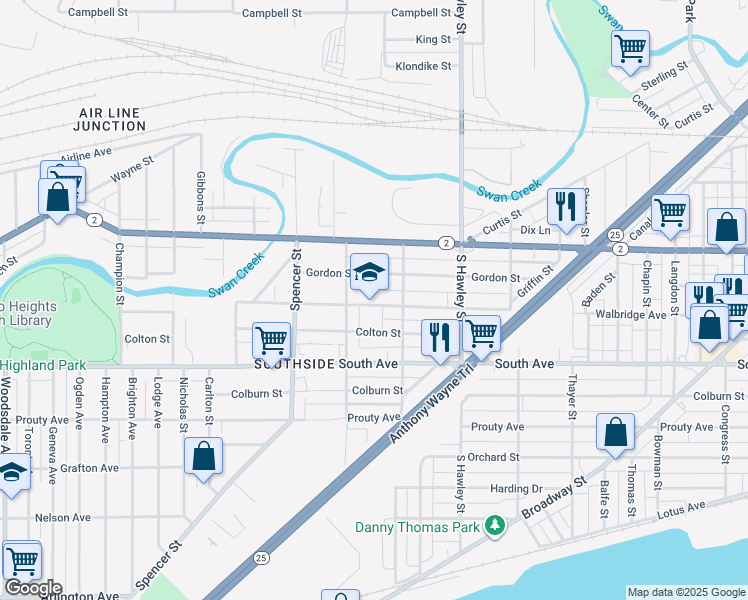 map of restaurants, bars, coffee shops, grocery stores, and more near 1225 Walbridge Avenue in Toledo