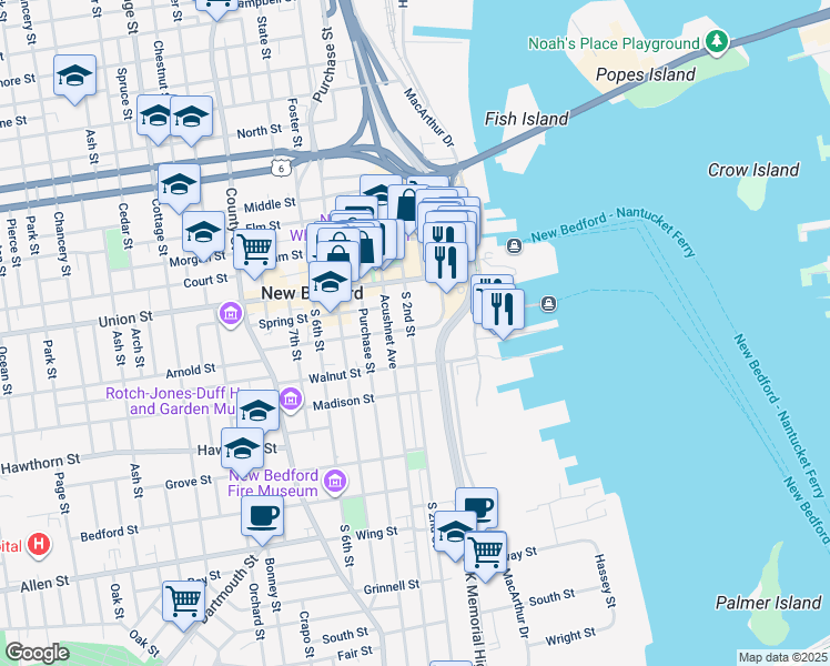map of restaurants, bars, coffee shops, grocery stores, and more near 48 South 2nd Street in New Bedford