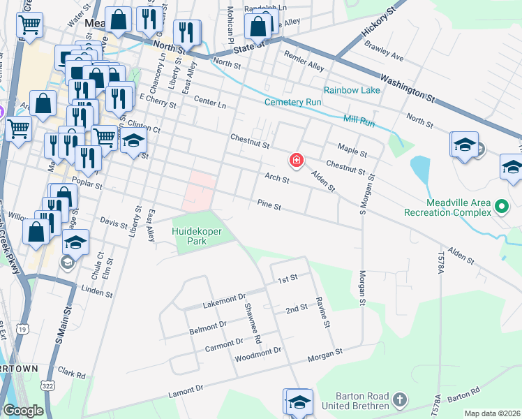 map of restaurants, bars, coffee shops, grocery stores, and more near 576-670 Pine Street in Meadville