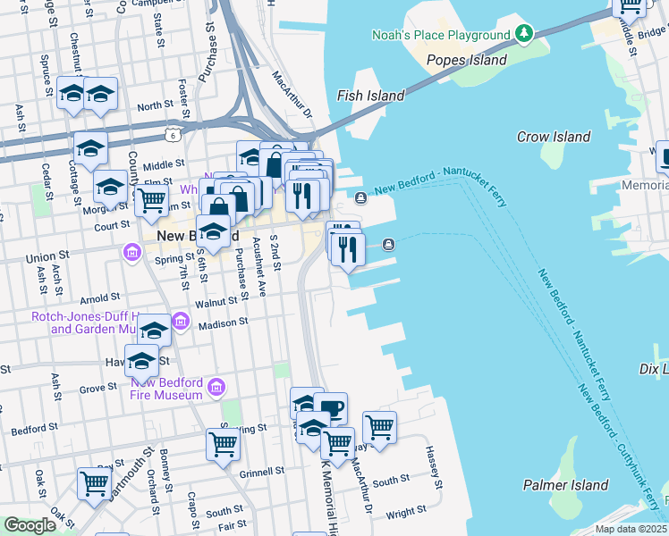 map of restaurants, bars, coffee shops, grocery stores, and more near 144 South Water Street in New Bedford