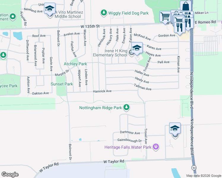 map of restaurants, bars, coffee shops, grocery stores, and more near 417 Hamrick Avenue in Romeoville
