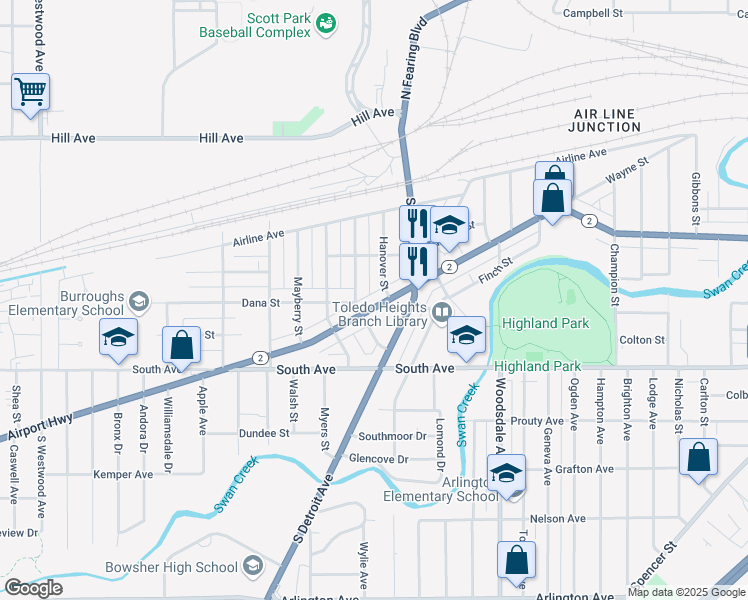 map of restaurants, bars, coffee shops, grocery stores, and more near 2013 Airport Highway in Toledo