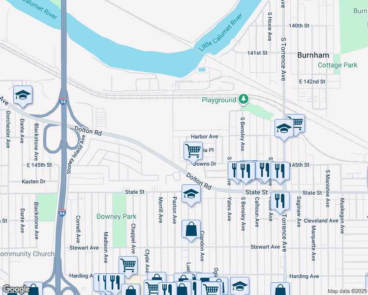 map of restaurants, bars, coffee shops, grocery stores, and more near 91 Paxton Avenue in Calumet City