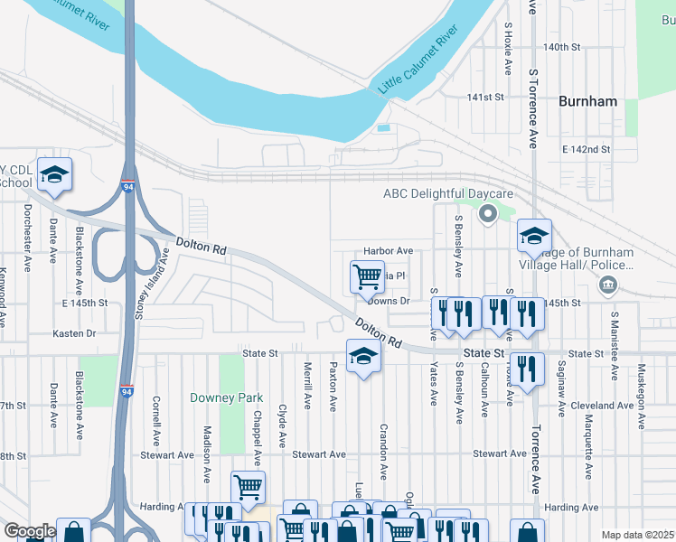map of restaurants, bars, coffee shops, grocery stores, and more near 91 Paxton Avenue in Calumet City