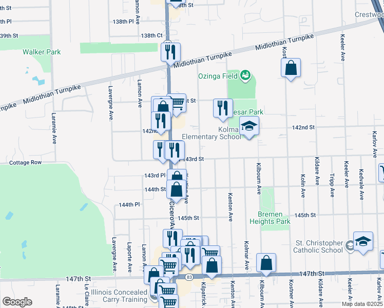 map of restaurants, bars, coffee shops, grocery stores, and more near 14300 Keating Avenue in Midlothian