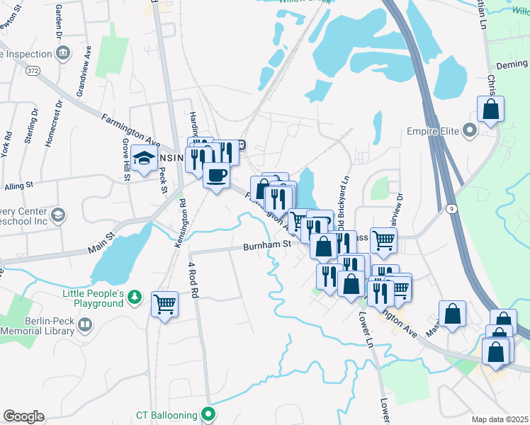 map of restaurants, bars, coffee shops, grocery stores, and more near 928 Farmington Avenue in Berlin