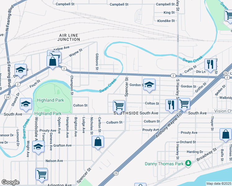 map of restaurants, bars, coffee shops, grocery stores, and more near 1425 Walbridge Avenue in Toledo