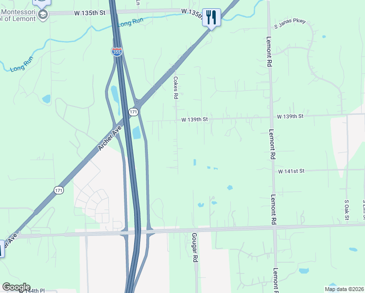 map of restaurants, bars, coffee shops, grocery stores, and more near 13961 Cokes Road in Homer Glen