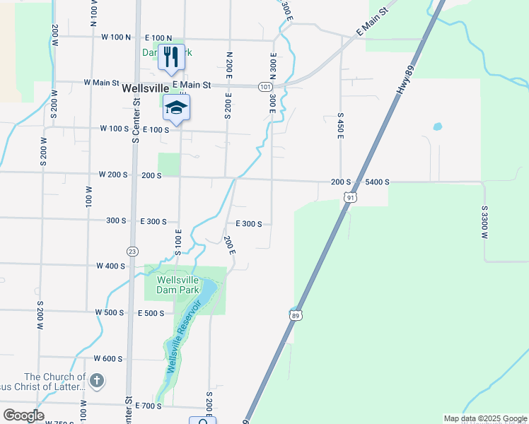 map of restaurants, bars, coffee shops, grocery stores, and more near 275 300 East in Wellsville