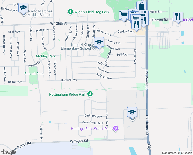 map of restaurants, bars, coffee shops, grocery stores, and more near 305 Hamrick Avenue in Romeoville