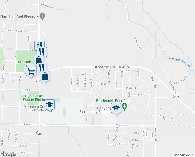 map of restaurants, bars, coffee shops, grocery stores, and more near 182 Wapiti Loop in Hyrum