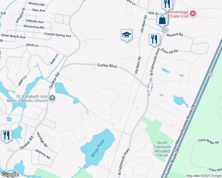 map of restaurants, bars, coffee shops, grocery stores, and more near 52 Horseshoe Lane in Falmouth