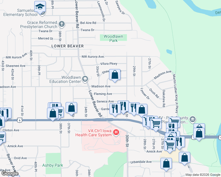 map of restaurants, bars, coffee shops, grocery stores, and more near 3127 Fleming Avenue in Des Moines