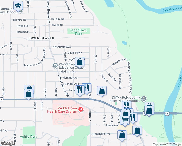 map of restaurants, bars, coffee shops, grocery stores, and more near 3921 30th Street in Des Moines