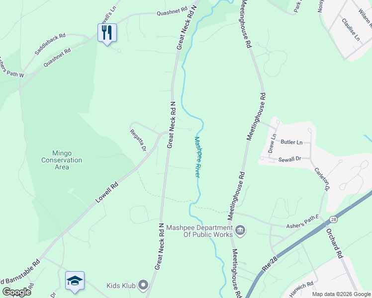 map of restaurants, bars, coffee shops, grocery stores, and more near 312 Great Neck Road North in Mashpee