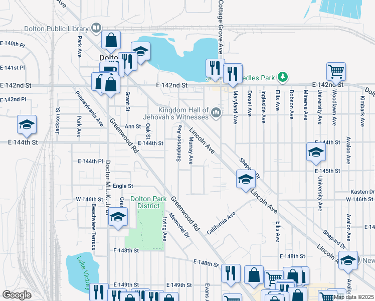 map of restaurants, bars, coffee shops, grocery stores, and more near 14410 Murray Avenue in Dolton