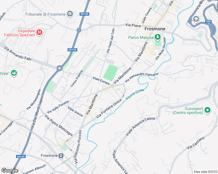map of restaurants, bars, coffee shops, grocery stores, and more near 360 Via Marittima in Frosinone