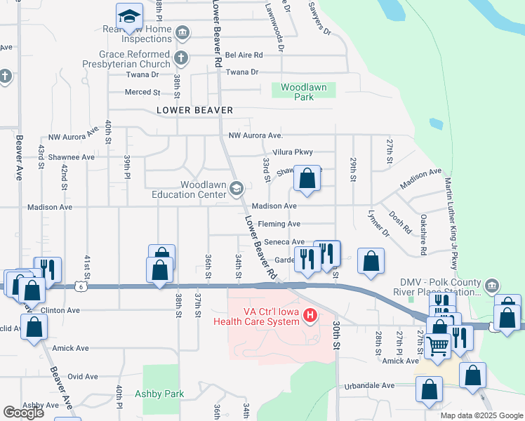 map of restaurants, bars, coffee shops, grocery stores, and more near 3304 Madison Avenue in Des Moines