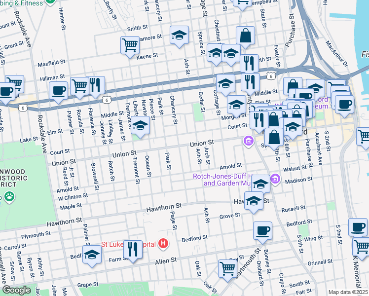 map of restaurants, bars, coffee shops, grocery stores, and more near 82 Chancery Street in New Bedford