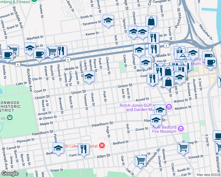map of restaurants, bars, coffee shops, grocery stores, and more near 82 Chancery Street in New Bedford