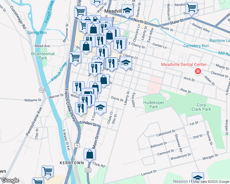 map of restaurants, bars, coffee shops, grocery stores, and more near 44007 Davis Street in Meadville