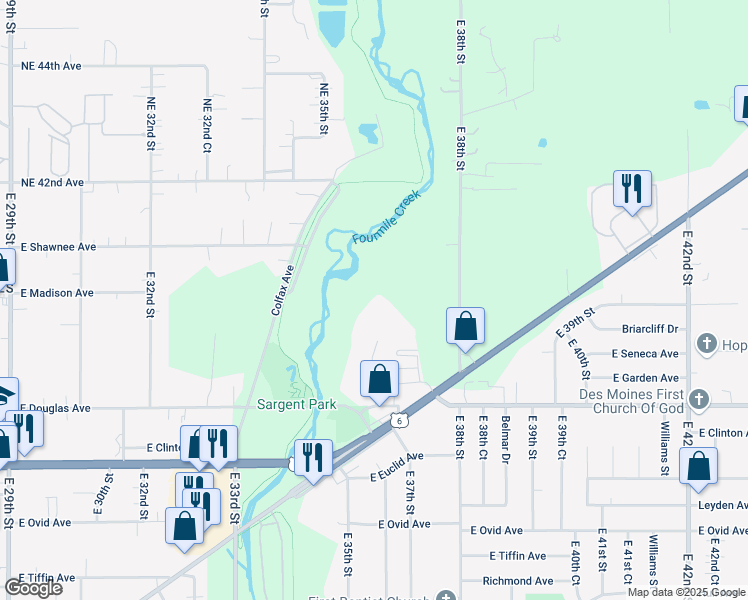 map of restaurants, bars, coffee shops, grocery stores, and more near 3604 East Douglas Avenue in Des Moines