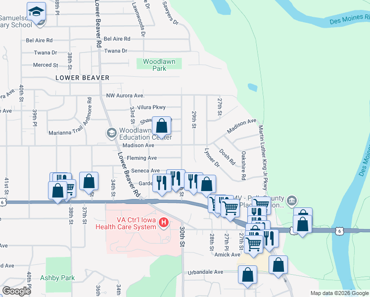 map of restaurants, bars, coffee shops, grocery stores, and more near 3921 30th Street in Des Moines