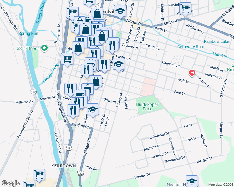 map of restaurants, bars, coffee shops, grocery stores, and more near 1082 1/2 Liberty Street in Meadville