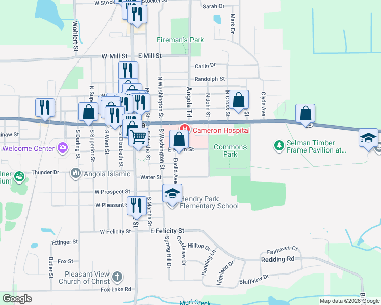 map of restaurants, bars, coffee shops, grocery stores, and more near 410 East South Street in Angola