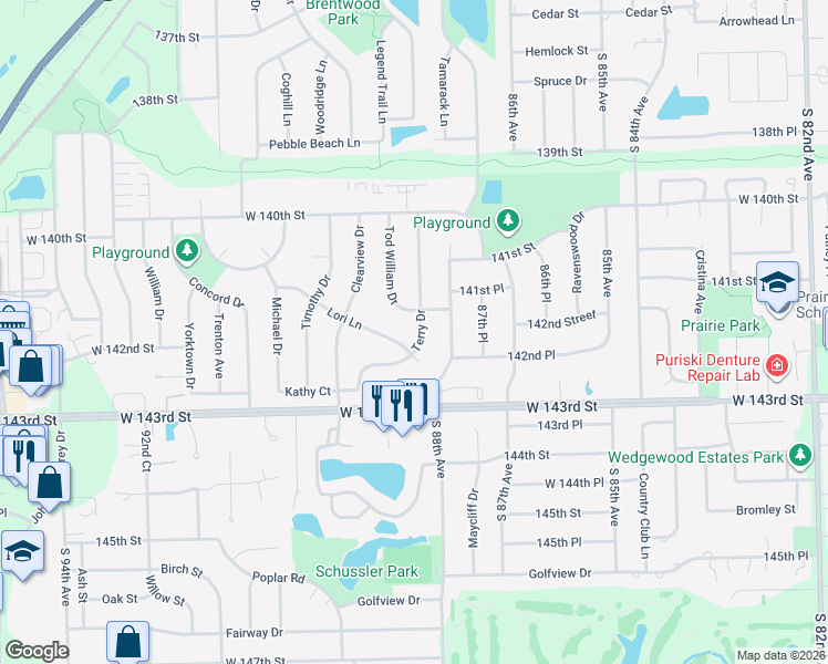 map of restaurants, bars, coffee shops, grocery stores, and more near 8824 Terry Drive in Orland Park