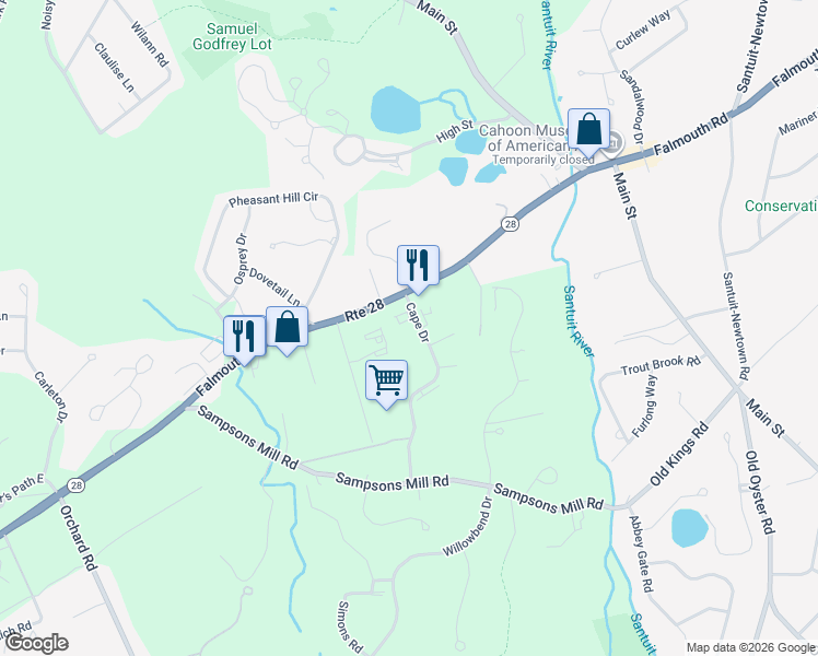 map of restaurants, bars, coffee shops, grocery stores, and more near 17 Cape Drive in Mashpee