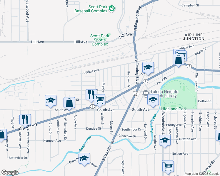 map of restaurants, bars, coffee shops, grocery stores, and more near 2106 Dana Street in Toledo