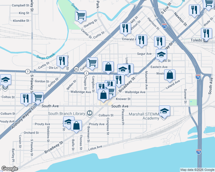 map of restaurants, bars, coffee shops, grocery stores, and more near 1520 Broadway Street in Toledo