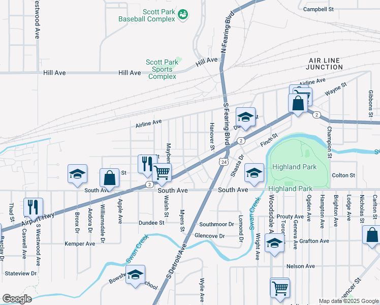 map of restaurants, bars, coffee shops, grocery stores, and more near 2048 Airport Highway in Toledo