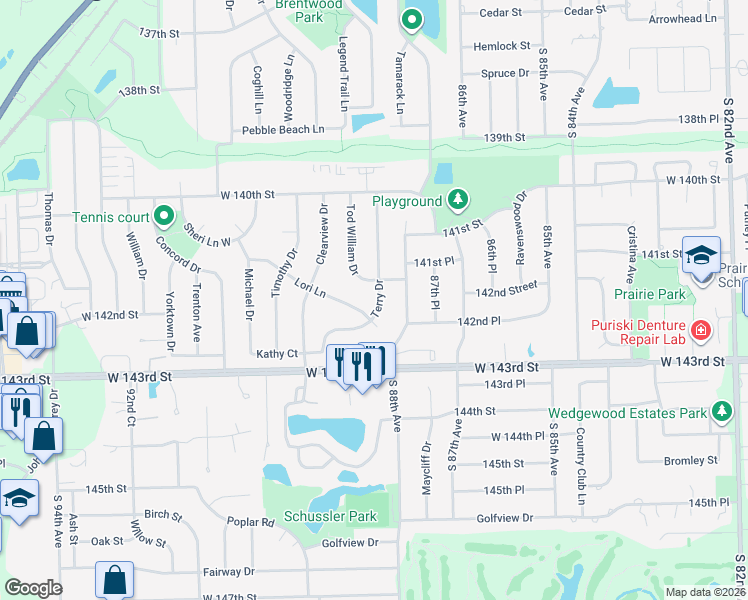 map of restaurants, bars, coffee shops, grocery stores, and more near 14138 Terry Drive in Orland Park
