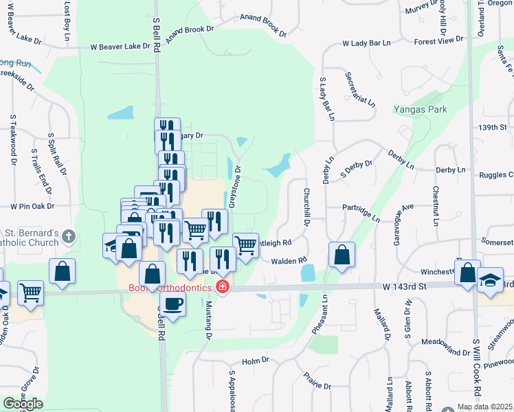 map of restaurants, bars, coffee shops, grocery stores, and more near 1790 Sheffield Drive in Homer Glen