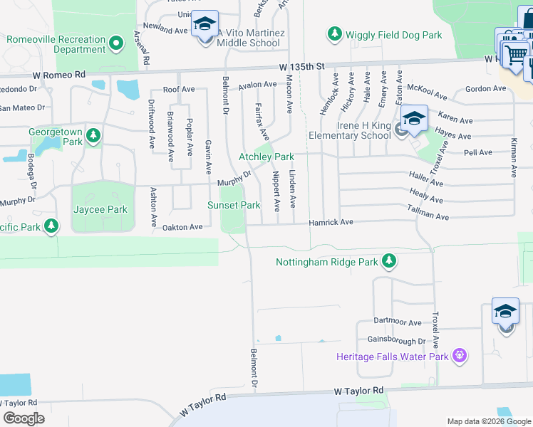 map of restaurants, bars, coffee shops, grocery stores, and more near 625 Hamrick Avenue in Romeoville