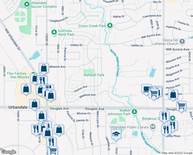 map of restaurants, bars, coffee shops, grocery stores, and more near 3916 Greenview Drive in Urbandale
